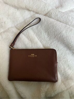 Coach Brown Leather Zip Wristlet with Gold-Tone Hardware